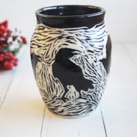 Image 6 of Black Raven Pottery Vase, Hand Carved Black Crow, Art Vase, Made in USA