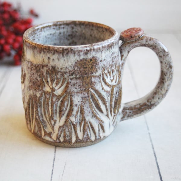 Image of Handcrafted Rust Mug with Hand Carved Floral Design, 10 Ounce, Made in USA