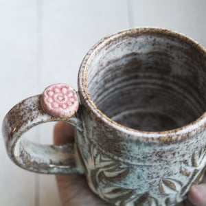 Image of Handcrafted Rust Mug with Hand Carved Floral Design, 10 Ounce, Made in USA