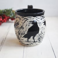 Image 1 of Black Crow Sgraffito Mug, Hand Carved Raven Coffee Cup, 14 oz Made in USA