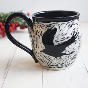 Image of Black Crow Sgraffito Mug, Hand Carved Raven Coffee Cup, 14 oz Made in USA