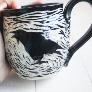 Image of Black Crow Sgraffito Mug, Hand Carved Raven Coffee Cup, 14 oz Made in USA