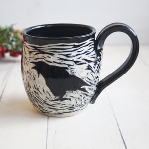 Image of Black Crow Sgraffito Mug, Hand Carved Raven Coffee Cup, 14 oz Made in USA