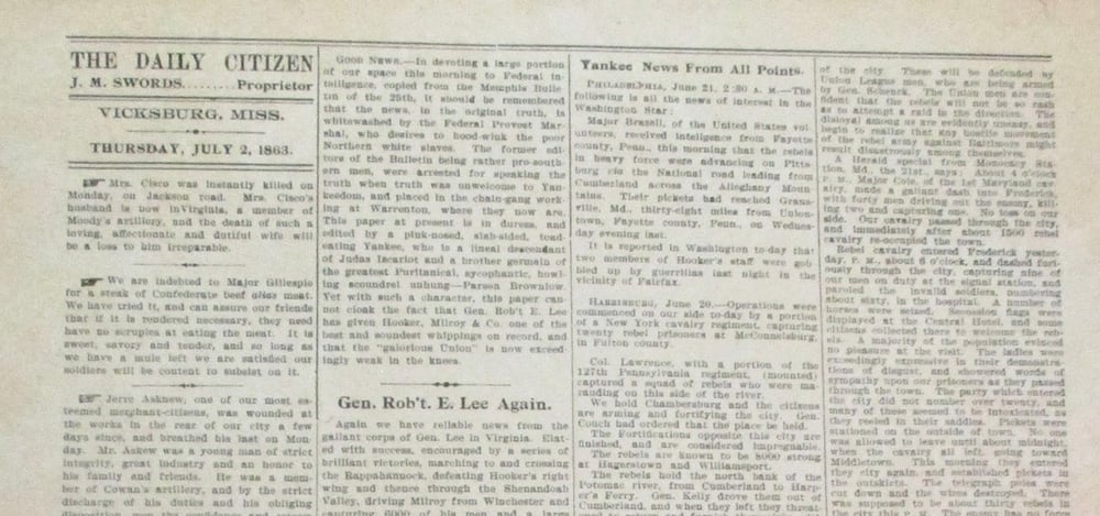 #101-CIVIL WAR SALE: UNIQUE & RARE 'WALLPAPER' NEWSPAPER, VICKSBURG, JULY 2, 1863
