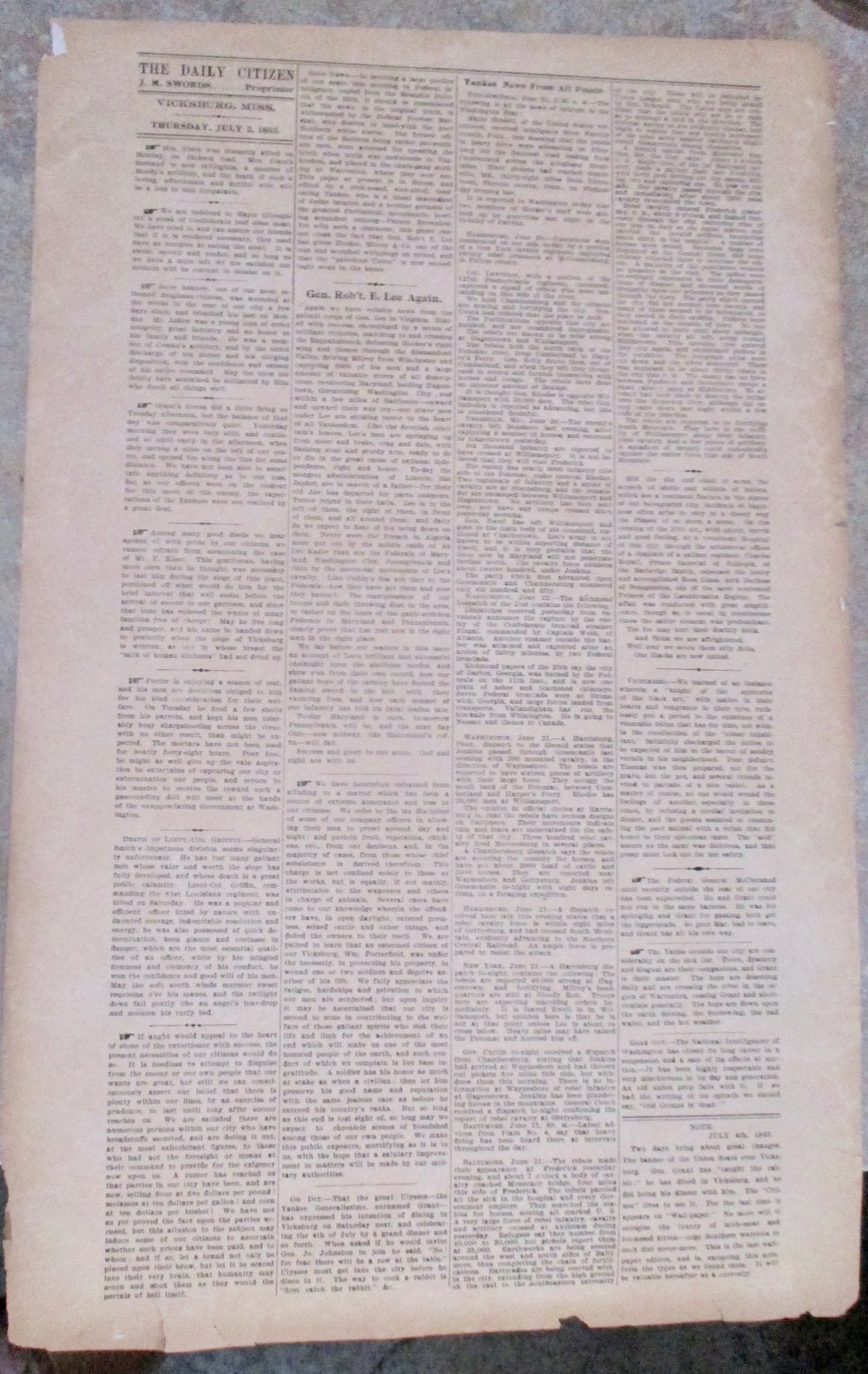 #101-CIVIL WAR SALE: UNIQUE & RARE 'WALLPAPER' NEWSPAPER, VICKSBURG, JULY 2, 1863