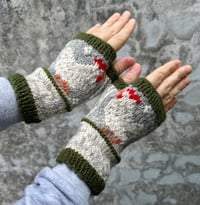 Image 4 of “Matilda” fingerless mittens - Green - Ready to ship