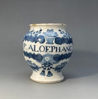 Eighteenth Century English Delftware Pill Jar;  P: ALOEPHANG; London, c.1720.