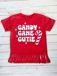 Image 1 of Candy Cane Cutie Red Christmas Holiday Boho Fringe Top Girl’s Shirt
