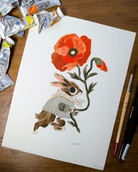 Image 3 of Poppy Rabbit Original Gouache Painting