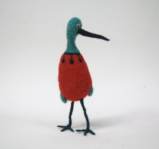 Turquoise and orange, needle felted quirky bird 