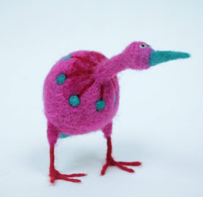 Pink needle felted quirky bird