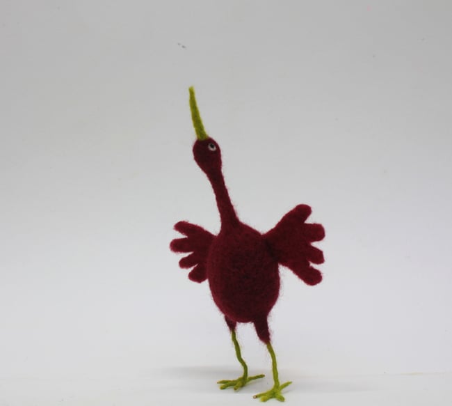 Dark red needle felted quirky bird