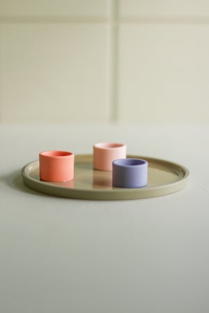 Image of candleholder plate  green-blue-paprika-salmon pink