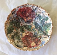 Image 1 of Handmade Paper Mache Bowl with Floral Decoupage and Gold Rim | Decorative Art Bowl