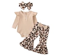 Cream Ruffle Bodysuit & Leopard Flare Pants Set