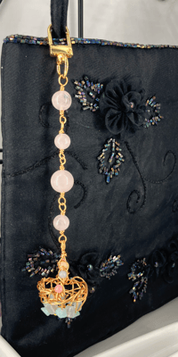 Image 2 of Dangling Rose Quartz rosary chain dangling Mini Basket infused with aquamarine CHARM 