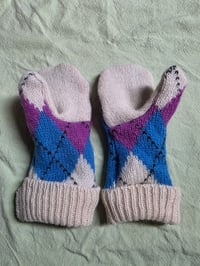 Image 2 of Child Sized Wool Upcycled Mittens - Purple Argyle