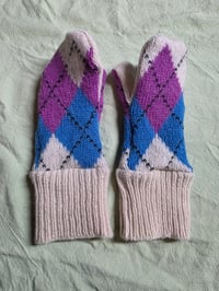 Image 4 of Child Sized Wool Upcycled Mittens - Purple Argyle
