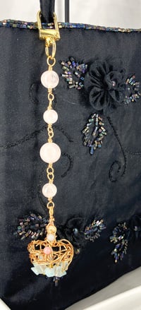 Image 3 of Dangling Rose Quartz rosary chain dangling Mini Basket infused with aquamarine CHARM 