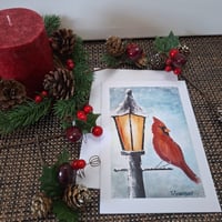 Image 2 of "Winter's Light" Cardinal on Snow Covered Lamp Post