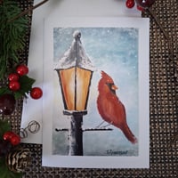 Image 1 of "Winter's Light" Cardinal on Snow Covered Lamp Post
