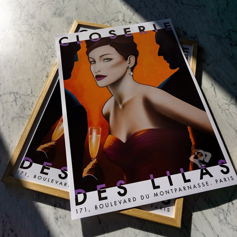 An elegant and cinematic poster celebrating the legendary Parisian caf&eacute; La Closerie des Lilas, rendered in Razzia&rsquo;s signature neo-Art Deco style. The composition features a poised woman in a strapless, deep crimson gown, her expression composed and alluring as she holds a glass of champagne. The warm, golden-orange background contrasts beautifully with her porcelain complexion and the dark silhouettes surrounding her, evoking the intimate glow and sophistication of a Parisian evening.  The typography, CLOSERIE DES LILAS &ndash; 171, Boulevard du Montparnasse, Paris, anchors the design with understated refinement. Razzia&rsquo;s precise lighting, smooth gradients, and bold color contrasts capture the caf&eacute;&rsquo;s timeless glamour and its reputation as a gathering place for artists, writers, and dreamers. The image radiates elegance, mystery, and the unmistakable charm of Parisian nightlife.