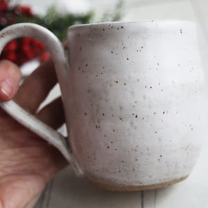 Image of Matte White Speckled Stoneware Mug, Rustic Pottery, 14 Ounce Made in USA