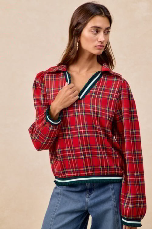Image of Festive Red Plaid V-Neck Top
