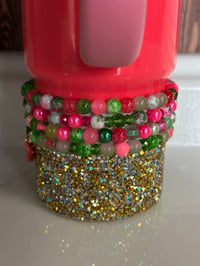Image 2 of Watermelon Theme Green & Pink Tumbler Bracelet Stack with Gold Charms