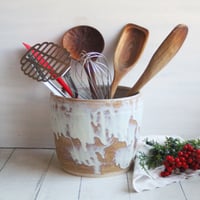Image 1 of Rustic Utensil Holder in Dripping White and Ocher Glaze, Ceramic Crock Made in USA