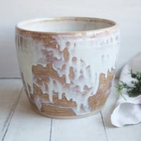 Image 2 of Rustic Utensil Holder in Dripping White and Ocher Glaze, Ceramic Crock Made in USA