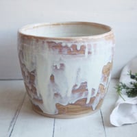 Image 4 of Rustic Utensil Holder in Dripping White and Ocher Glaze, Ceramic Crock Made in USA