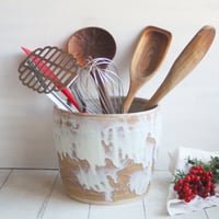 Image 5 of Rustic Utensil Holder in Dripping White and Ocher Glaze, Ceramic Crock Made in USA