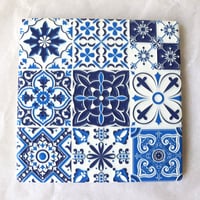 Image 1 of Blue Boho Ceramic Coaster with Cork Backing – Mediterranean Tile Design