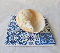 Image 4 of Blue Boho Ceramic Coaster with Cork Backing – Mediterranean Tile Design