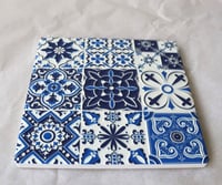 Image 3 of Blue Boho Ceramic Coaster with Cork Backing – Mediterranean Tile Design