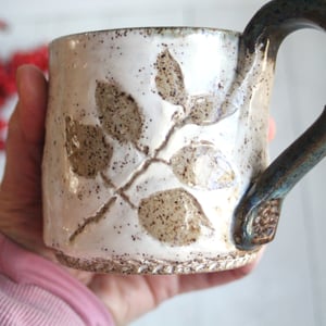 Image of Pressed Fairy Lilac Leaves Nature Mug, Rustic Handcrafted Pottery, Made in USA