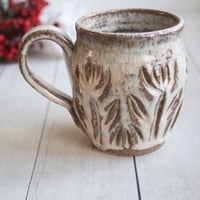 Image 2 of Handcrafted Mug in Dripping White Glaze Over Speckled Stoneware , Hand Carved, Made in USA