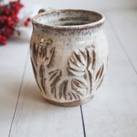 Image 4 of Handcrafted Mug in Dripping White Glaze Over Speckled Stoneware , Hand Carved, Made in USA
