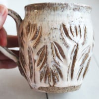 Image 6 of Handcrafted Mug in Dripping White Glaze Over Speckled Stoneware , Hand Carved, Made in USA