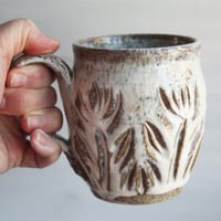 Image 7 of Handcrafted Mug in Dripping White Glaze Over Speckled Stoneware , Hand Carved, Made in USA