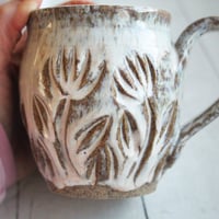 Image 8 of Handcrafted Mug in Dripping White Glaze Over Speckled Stoneware , Hand Carved, Made in USA