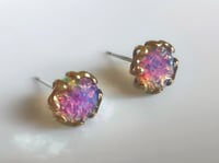 Image 1 of Opal Stud Earrings with Vintage Bohemian Glass Fire Opals and Gold-tone Petal Settings