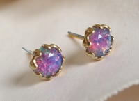 Image 6 of Opal Stud Earrings with Vintage Bohemian Glass Fire Opals and Gold-tone Petal Settings