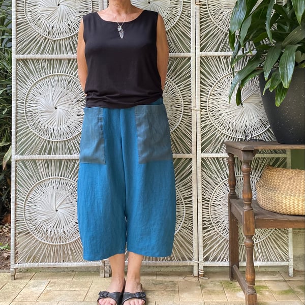Image of Luna Pants - Linen - Ocean Blue - Patch Pockets
