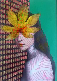 Image 1 of <h3>ARALIA II — surreal female portrait in green, pink and gold leaf</h1>