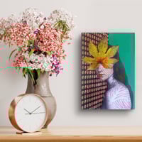 Image 3 of <h3>ARALIA II — surreal female portrait in green, pink and gold leaf</h1>