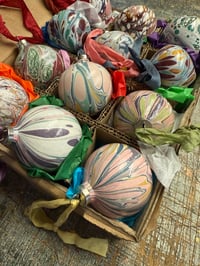 Image 2 of Box of 12 small hand marbled ceramic baubles with vintage style silky ribbons.