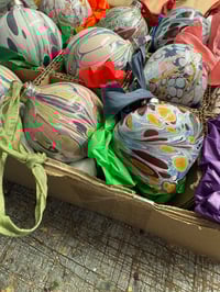 Image 5 of Box of 12 small hand marbled ceramic baubles with vintage style silky ribbons.