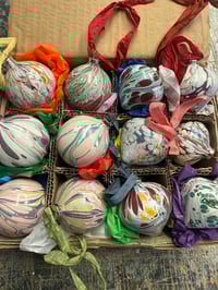 Image 6 of Box of 12 small hand marbled ceramic baubles with vintage style silky ribbons.